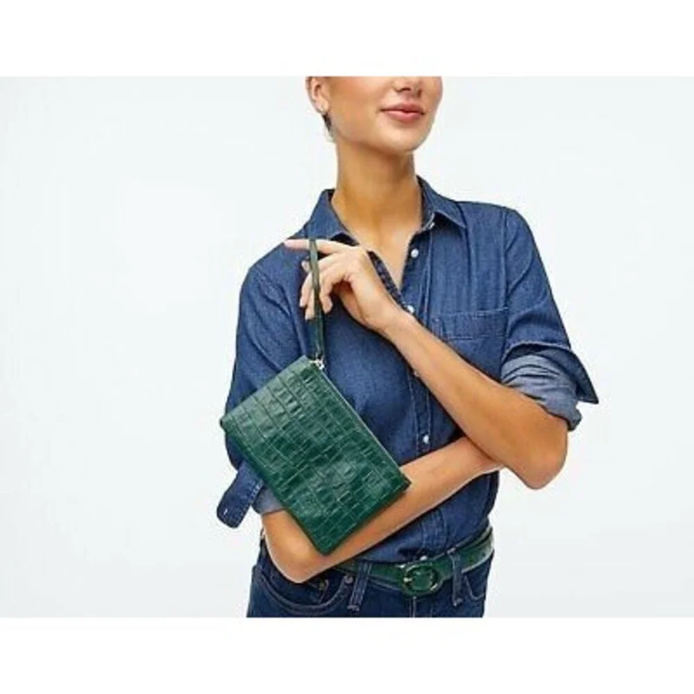 J. Crew Crocodile Embossed Leather Wristlet Clutch Green NWT